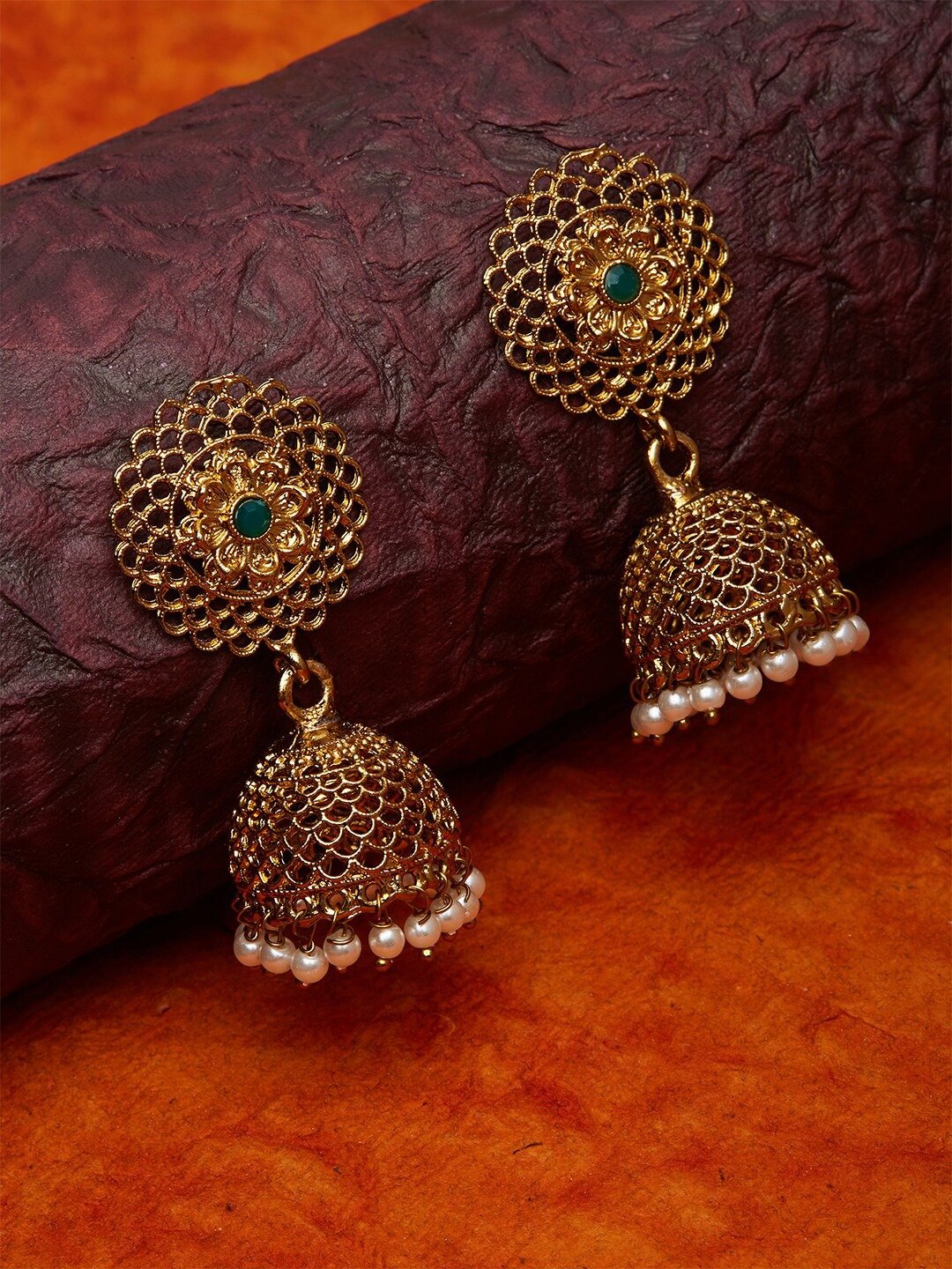 Gold-Plated & Green Temple Dome Shaped Jhumkas