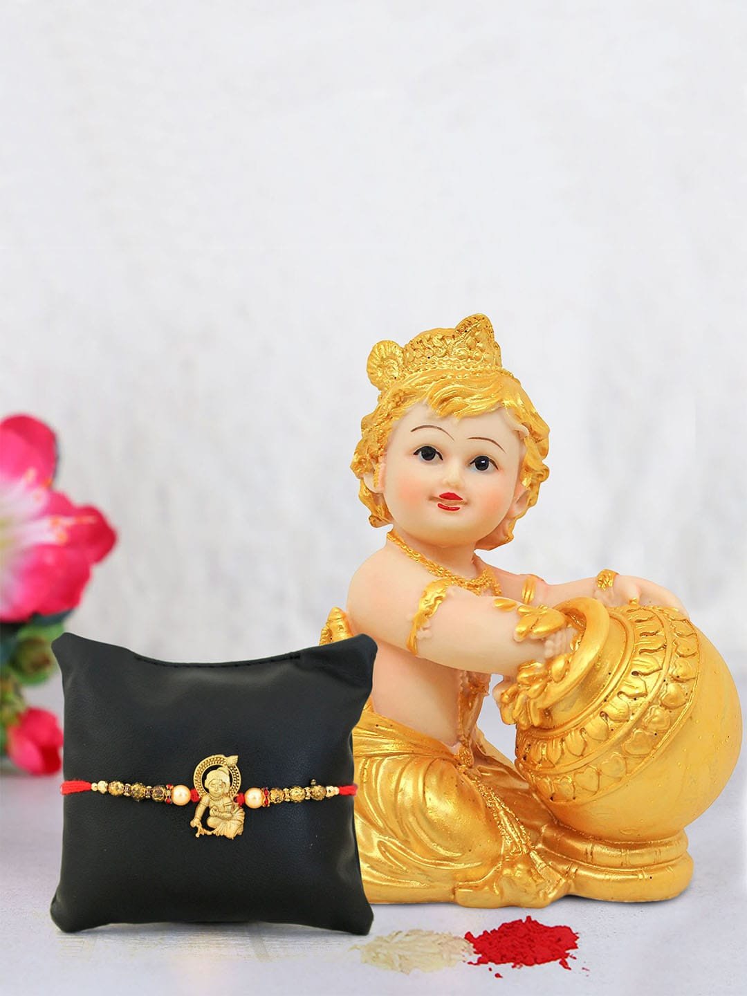 Red & Gold-Toned Krishna Idol Rakhi Gift Set