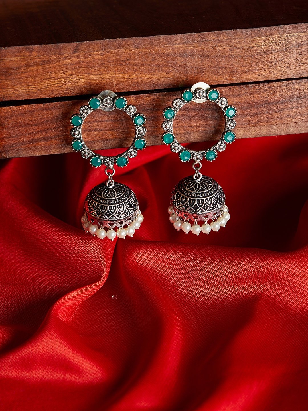 Silver-Plated & Green Dome Shaped Oxidised Jhumkas