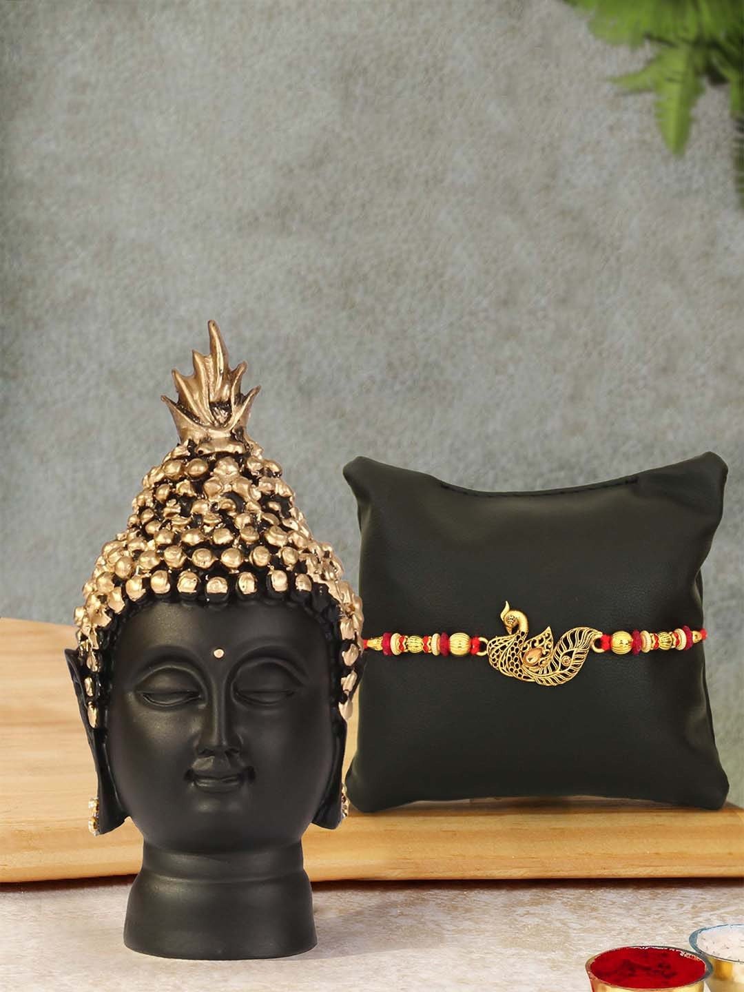 Black & Gold-Toned Buddha & Rakhi Gift Set