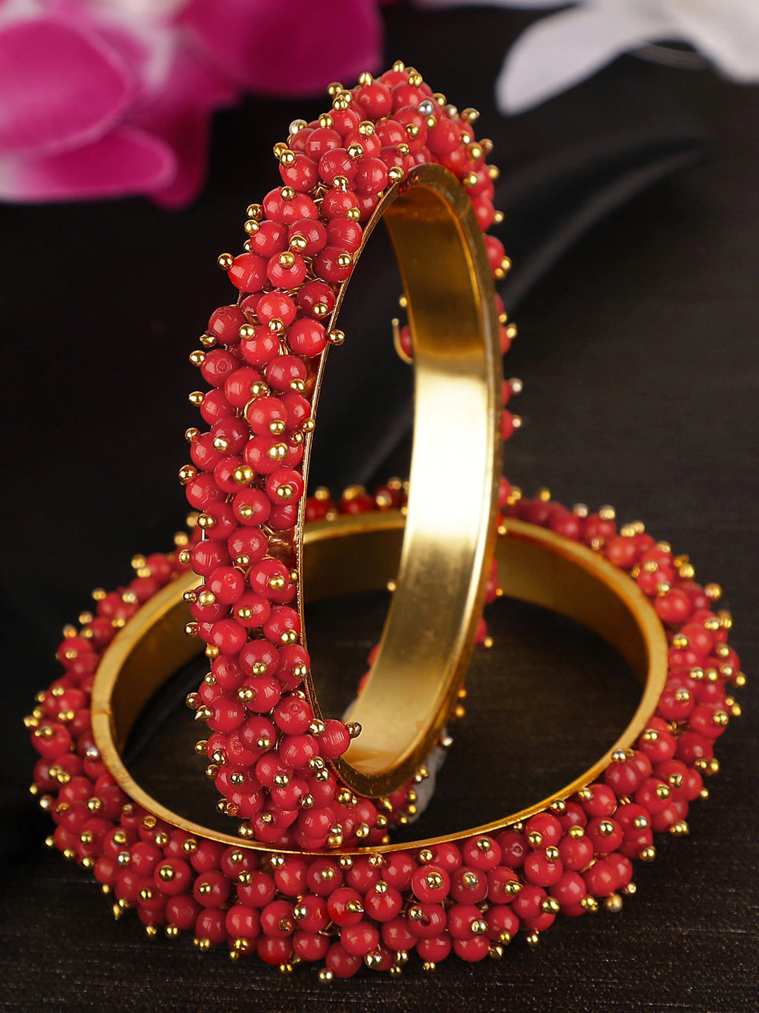 Set Of 2 Gold-Plated Red Beaded Antique Bangles