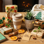 A flat lay of eco-friendly wrapped Christmas presents using brown paper, twine, pine leaves, and handwritten gift tags on a wooden table.