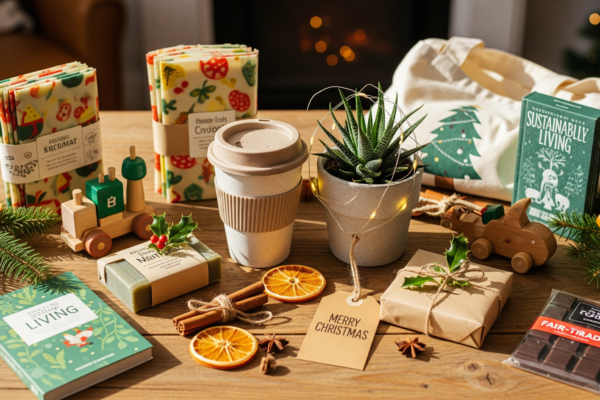 A flat lay of eco-friendly wrapped Christmas presents using brown paper, twine, pine leaves, and handwritten gift tags on a wooden table.