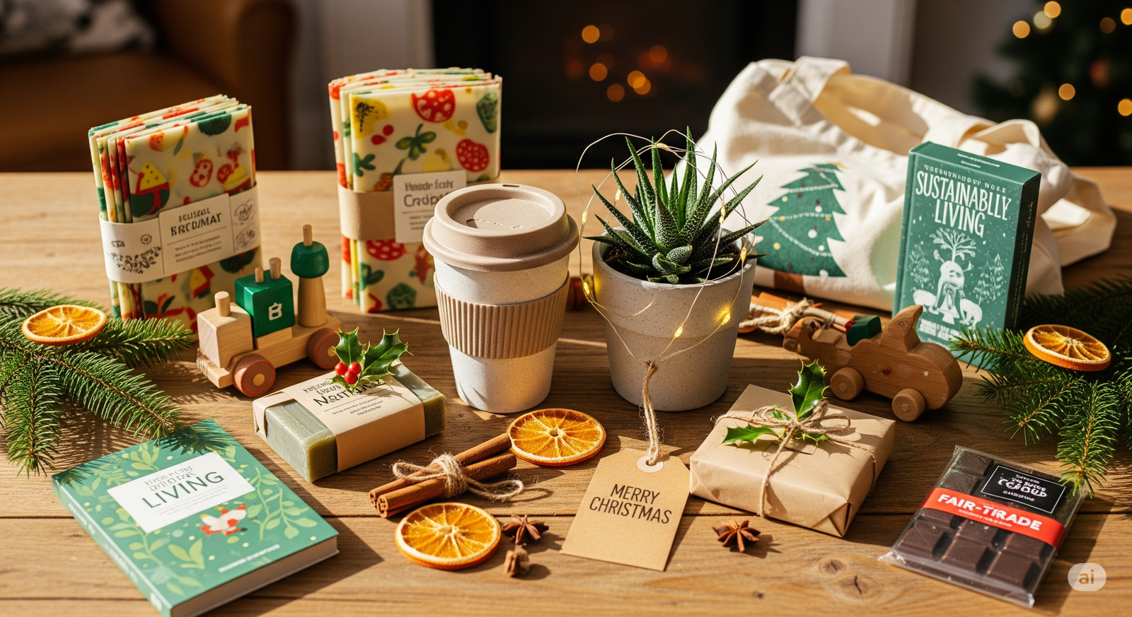 A flat lay of eco-friendly wrapped Christmas presents using brown paper, twine, pine leaves, and handwritten gift tags on a wooden table.