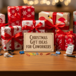 Christmas gift boxes for coworkers with office stationery on desk