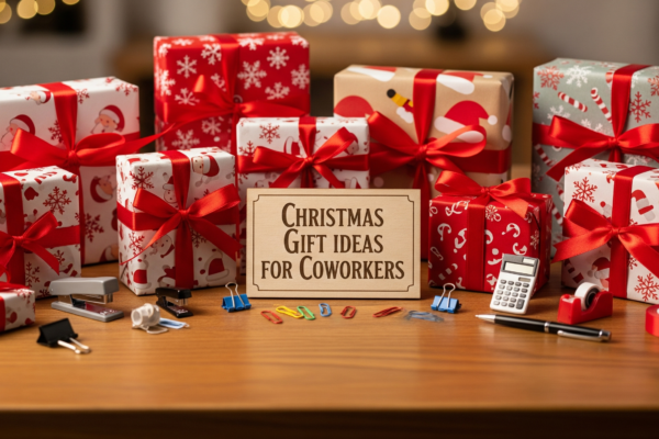 Christmas gift boxes for coworkers with office stationery on desk