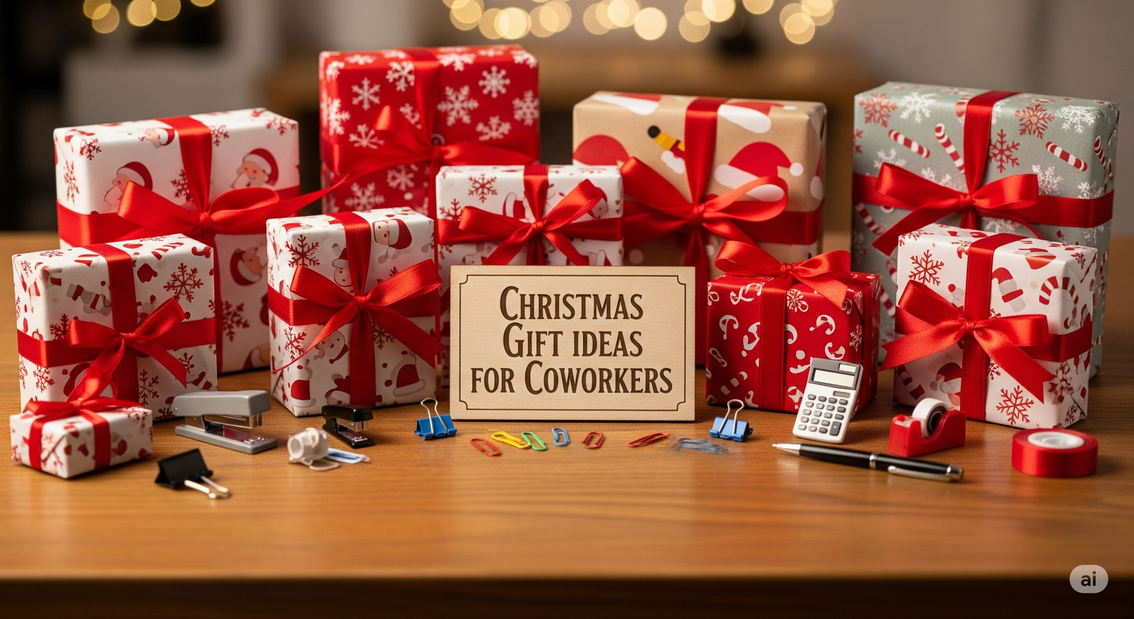 Christmas gift boxes for coworkers with office stationery on desk