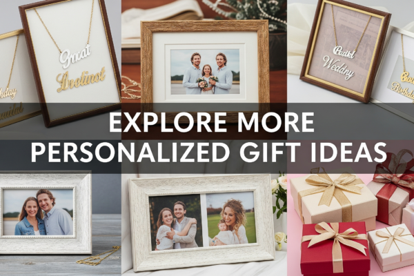 A collection of customized gift items like name necklaces, photo frames, and gift boxes for special occasions