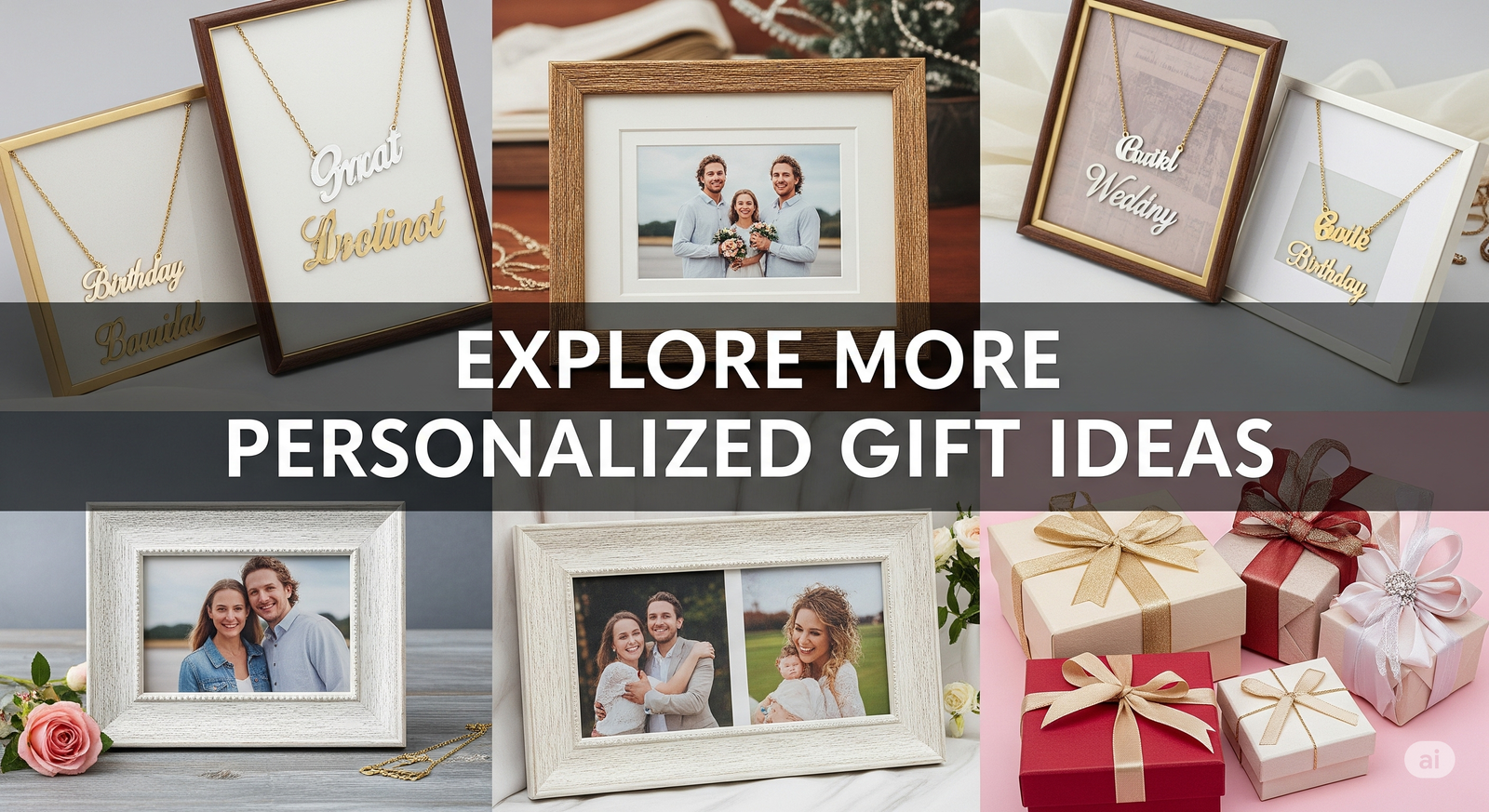 A collection of customized gift items like name necklaces, photo frames, and gift boxes for special occasions