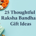 Brother and sister exchanging Raksha Bandhan gifts with festive background