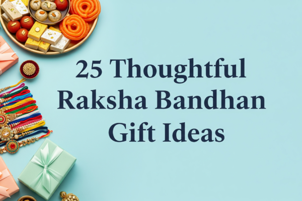 Brother and sister exchanging Raksha Bandhan gifts with festive background