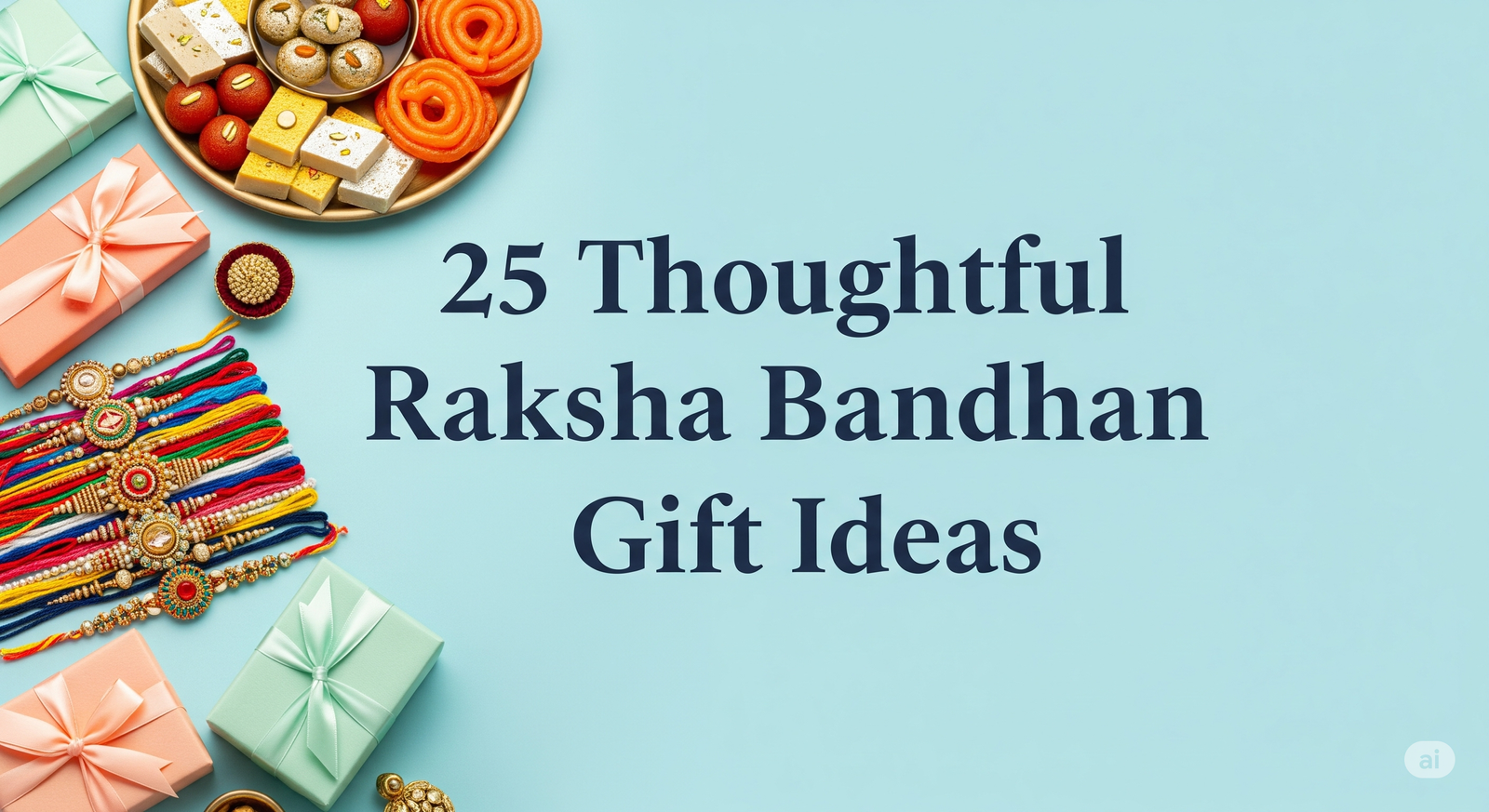 Brother and sister exchanging Raksha Bandhan gifts with festive background