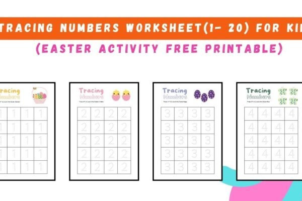 Cute Easter themed kids worksheet, numbers 1 to 20 tracing, bunny, colorful eggs, pastel background, educational printable style, clean white layout, high resolution, kid-friendly, bright colors