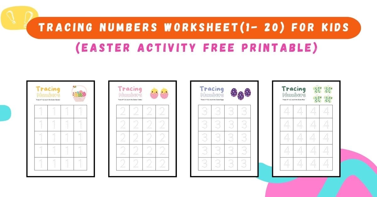 Cute Easter themed kids worksheet, numbers 1 to 20 tracing, bunny, colorful eggs, pastel background, educational printable style, clean white layout, high resolution, kid-friendly, bright colors